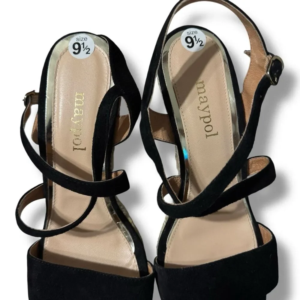 Anthropologie Maypol Espadrille Wedge Sandal 9.5 Black Suede Coastal Resort Chic